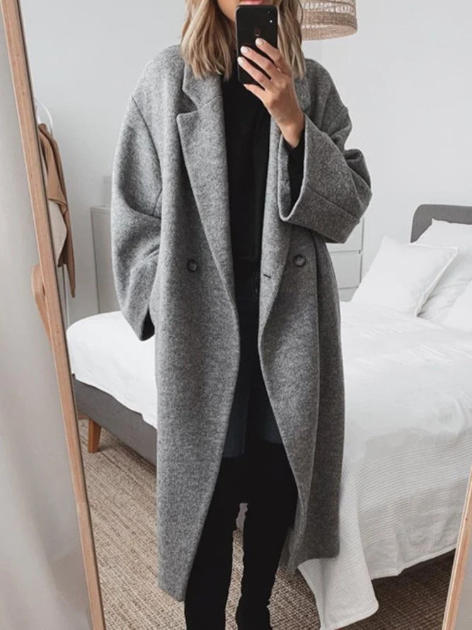 Longline Wool Blend Coat Grey Women's Lapel Overcoat – Casual, Office, Winter, Gift