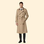 Trench Coat Men's Long Double-Breasted Beige Belted – Casual, Office, Holiday, Gift