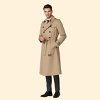 Trench Coat Men's Long Double-Breasted Beige Belted – Casual, Office, Holiday, Gift