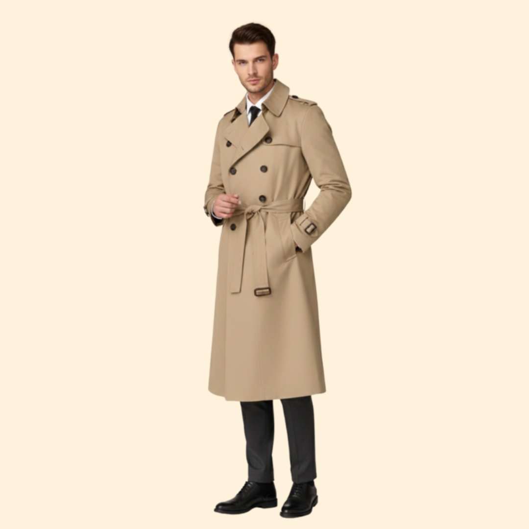 Trench Coat Men's Long Double-Breasted Beige Belted – Casual, Office, Holiday, Gift