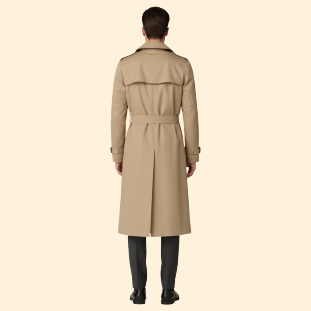 Trench Coat Men's Long Double-Breasted Beige Belted – Casual, Office, Holiday, Gift