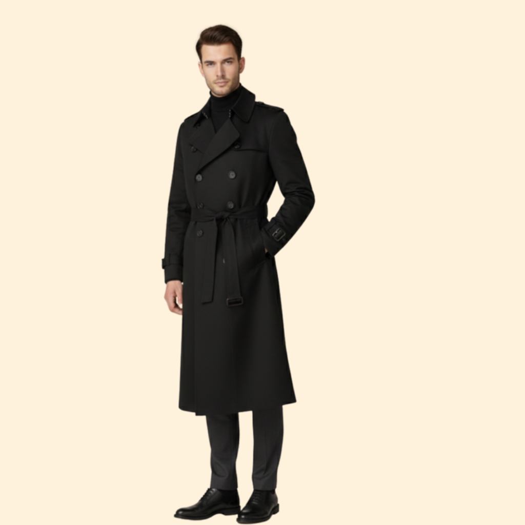 Trench Coat Men's Long Double-Breasted Beige Belted – Casual, Office, Holiday, Gift