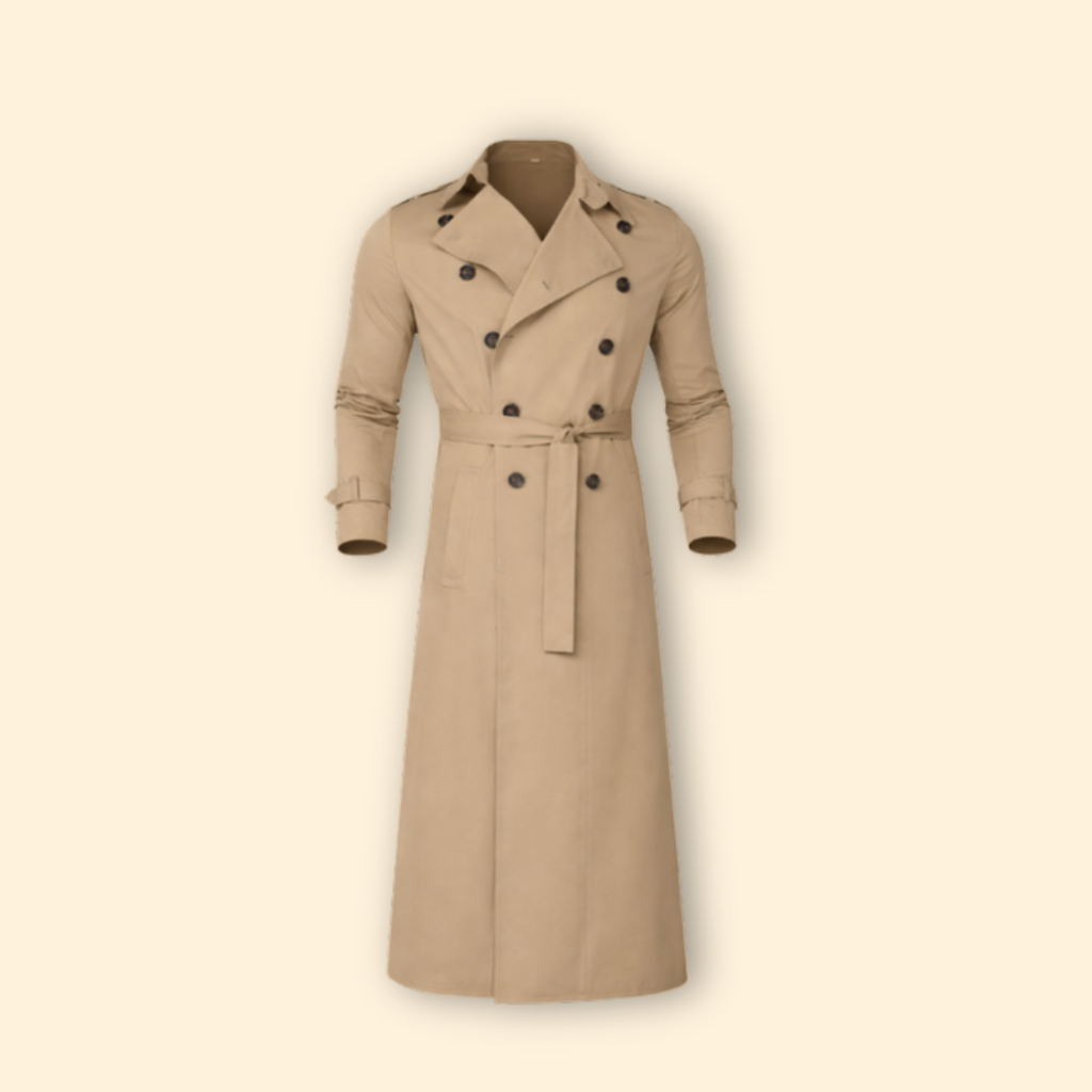 Trench Coat Men's Long Double-Breasted Beige Belted – Casual, Office, Holiday, Gift