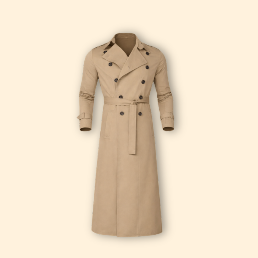 Trench Coat Men's Long Double-Breasted Beige Belted – Casual, Office, Holiday, Gift