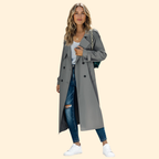 Trench Coat Women's Grey Double-Breasted Belted Long Jacket – Office, Casual, Everyday, Holiday