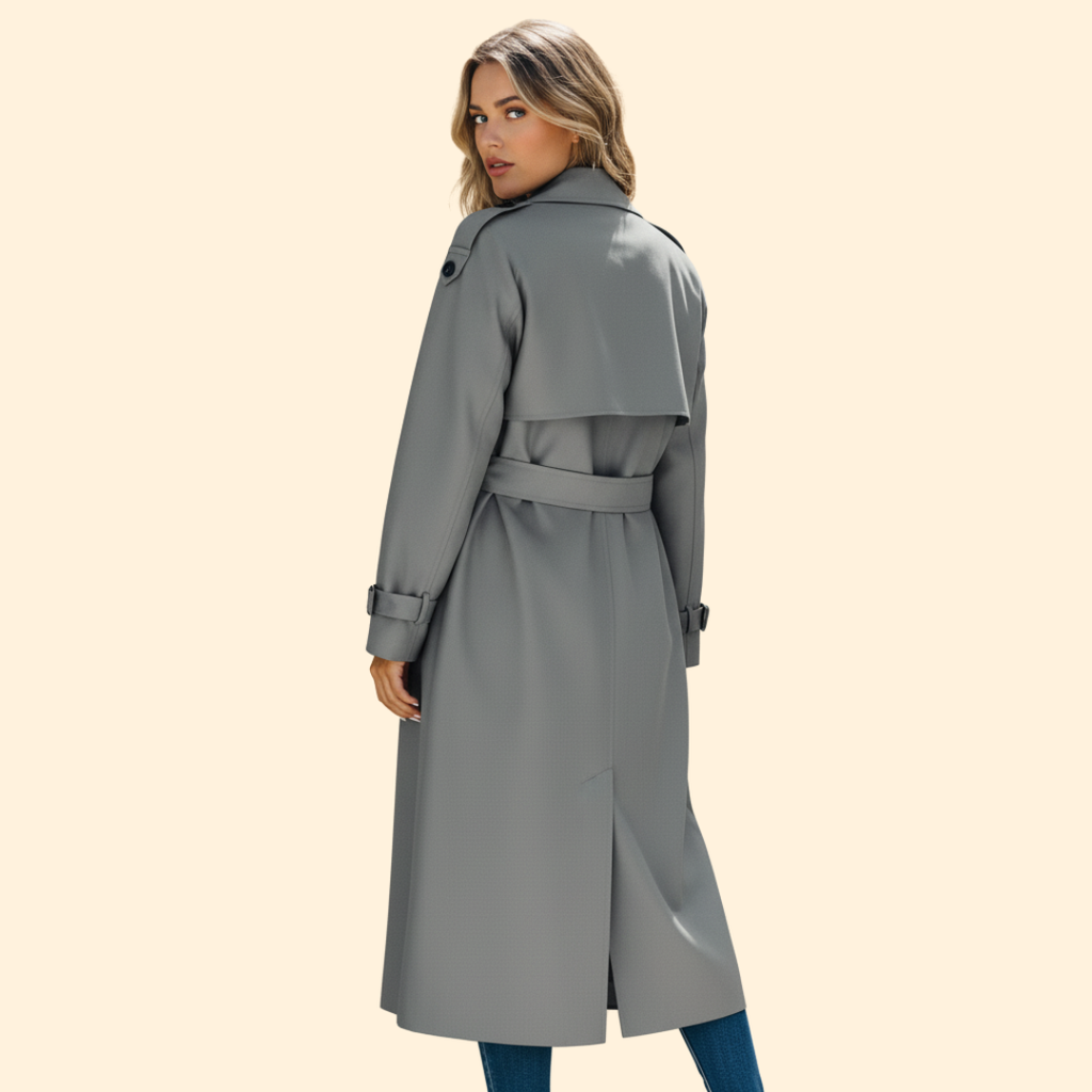 Trench Coat Women's Grey Double-Breasted Belted Long Jacket – Office, Casual, Everyday, Holiday