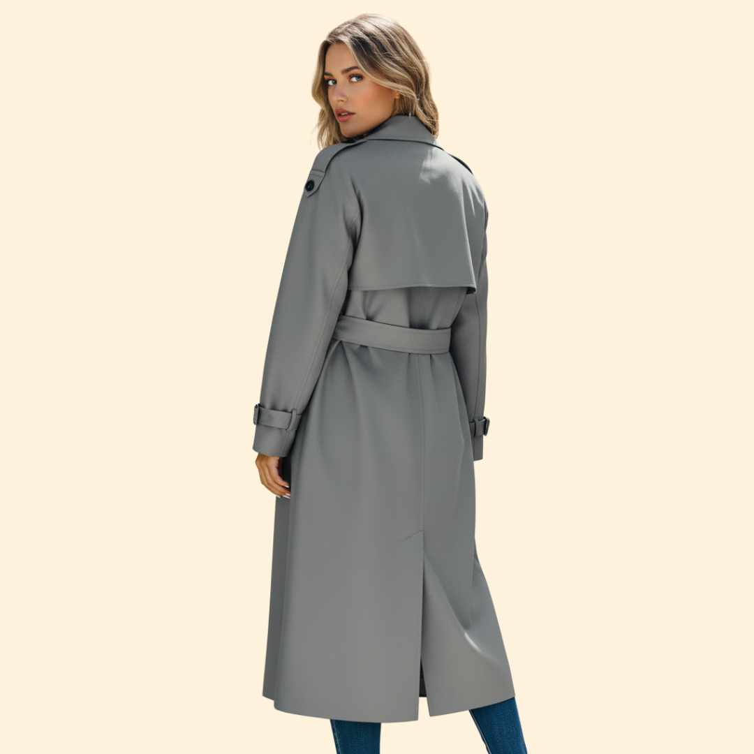 Trench Coat Women's Grey Double-Breasted Belted Long Jacket – Office, Casual, Everyday, Holiday