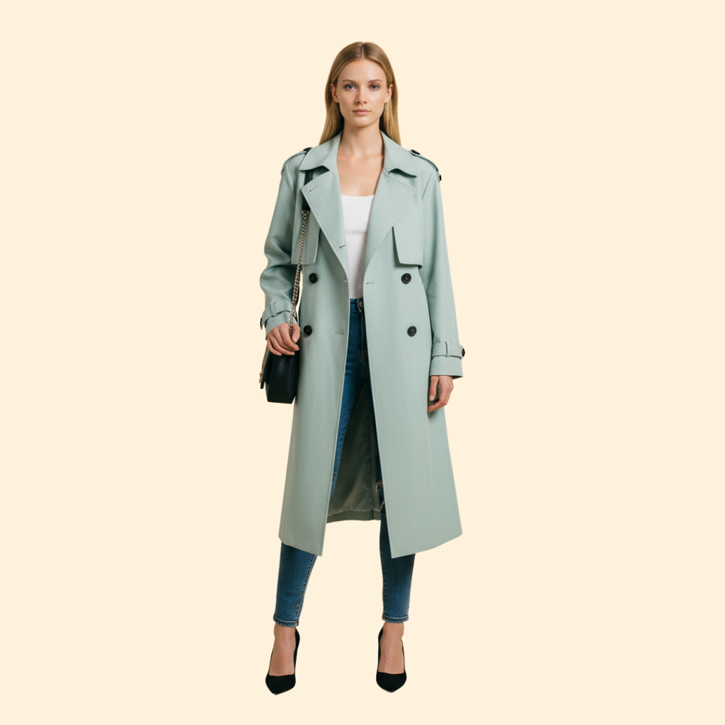 Trench Coat Women's Grey Double-Breasted Belted Long Jacket – Office, Casual, Everyday, Holiday