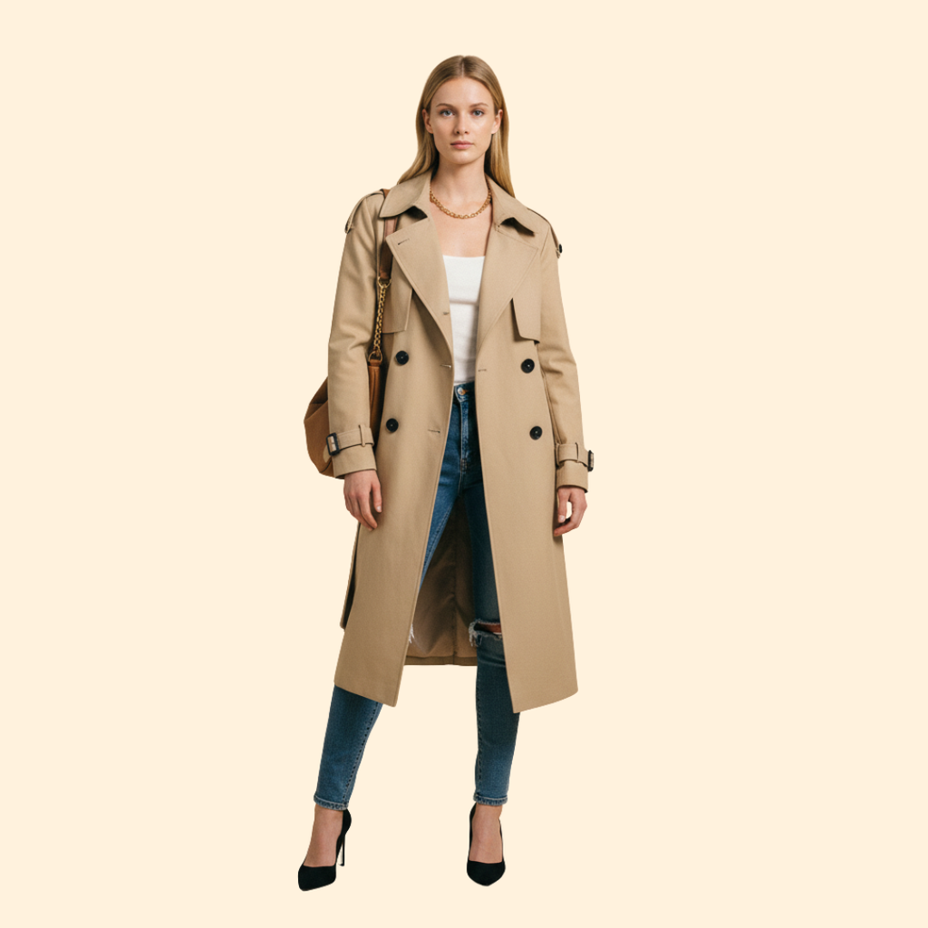 Trench Coat Women's Grey Double-Breasted Belted Long Jacket – Office, Casual, Everyday, Holiday