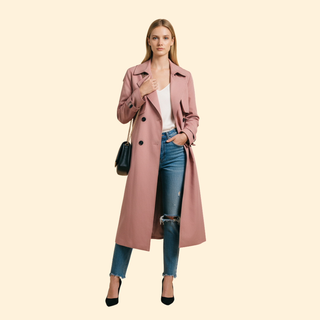 Trench Coat Women's Grey Double-Breasted Belted Long Jacket – Office, Casual, Everyday, Holiday