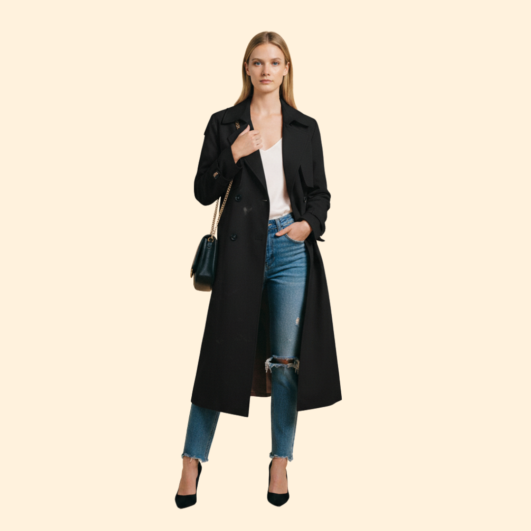 Trench Coat Women's Grey Double-Breasted Belted Long Jacket – Office, Casual, Everyday, Holiday