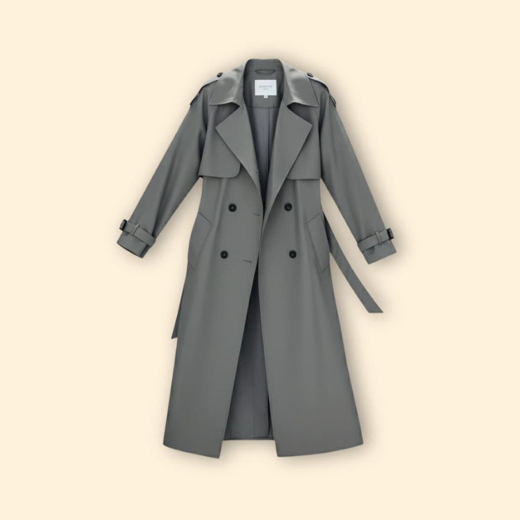 Trench Coat Women's Grey Double-Breasted Belted Long Jacket – Office, Casual, Everyday, Holiday